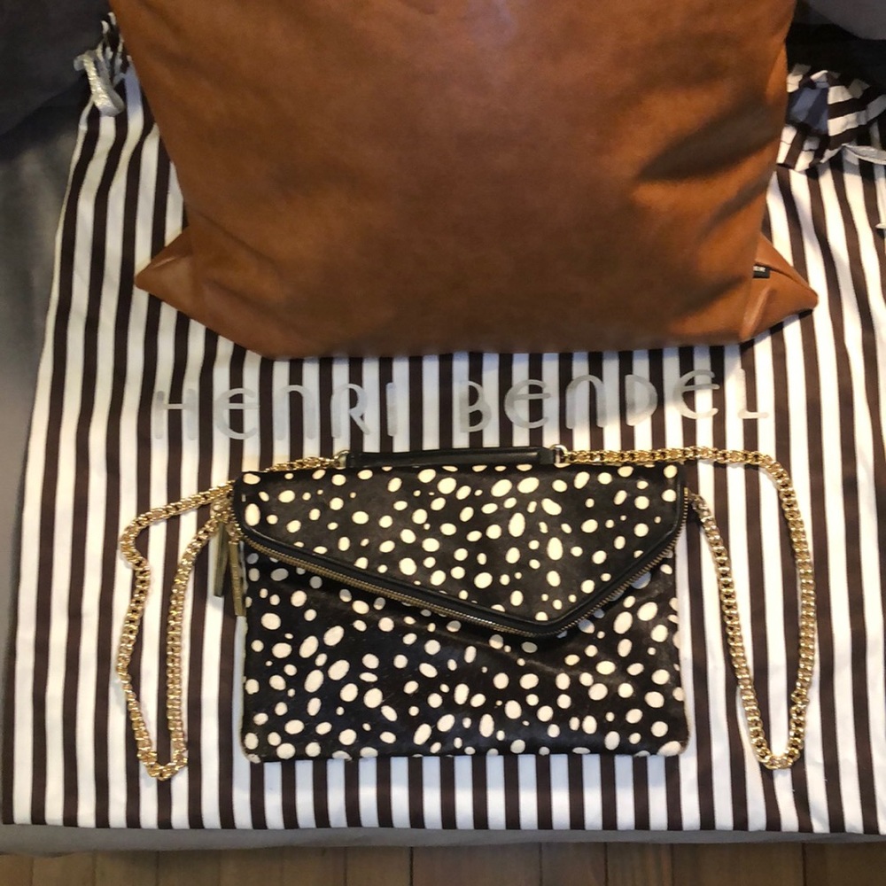 Henri Bendel black with white spots calf hair cross body and clutch!